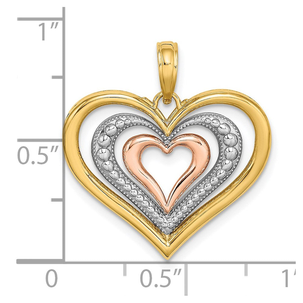 14k Two-tone Gold White Rhodium Textured and Polished Triple Hearts Charm