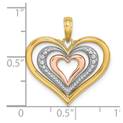 14k Two-tone Gold White Rhodium Textured and Polished Triple Hearts Charm