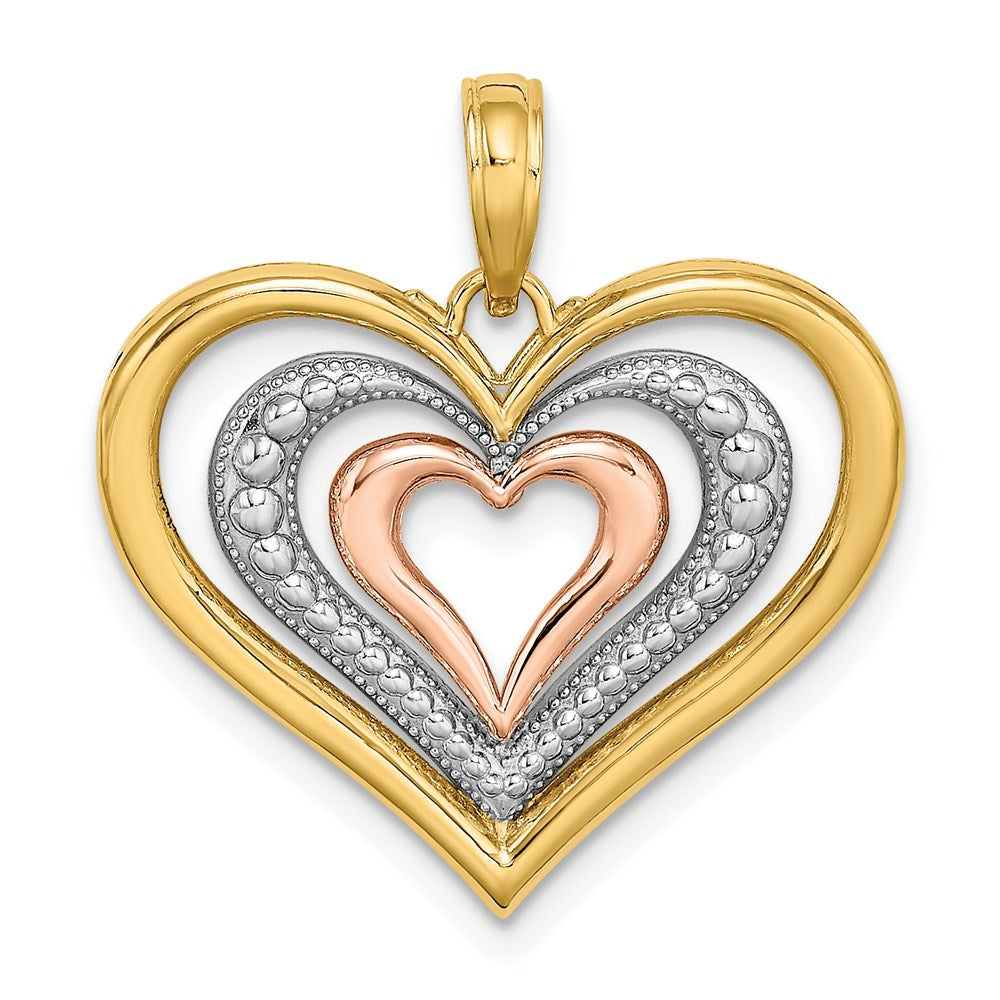 14k Two-tone Gold White Rhodium Textured and Polished Triple Hearts Charm