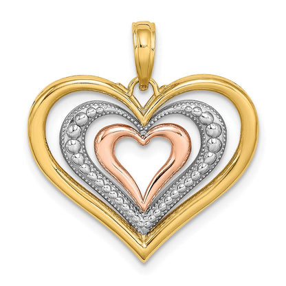 14k Two-tone Gold White Rhodium Textured and Polished Triple Hearts Charm