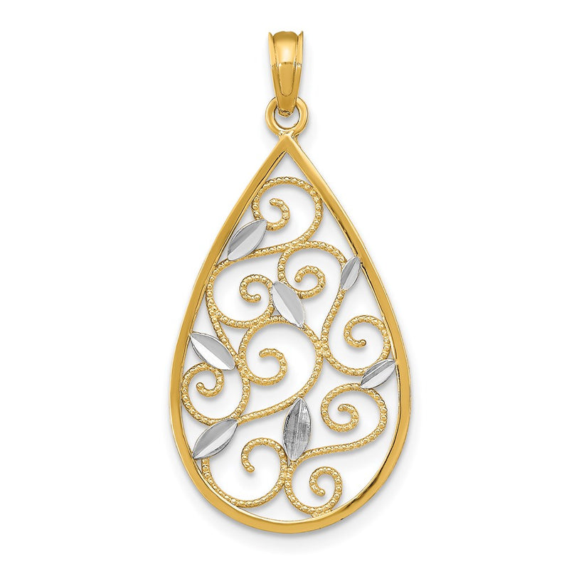 14k Yellow & Rhodium Gold w/Rhodium Beaded Filigree D/C Teardrop Charm