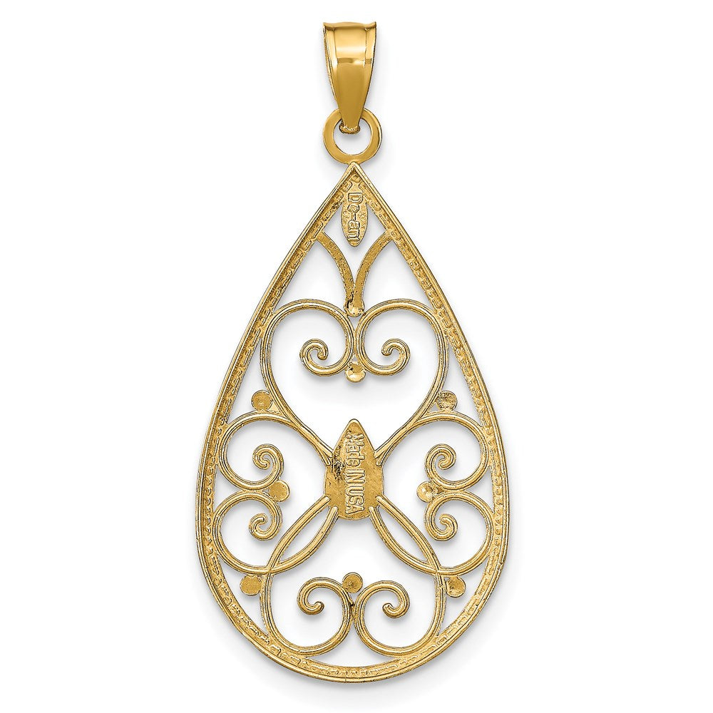 14k Yellow & Rhodium Gold w/Rhodium Heart Beaded Filigree D/C Teardrop Charm