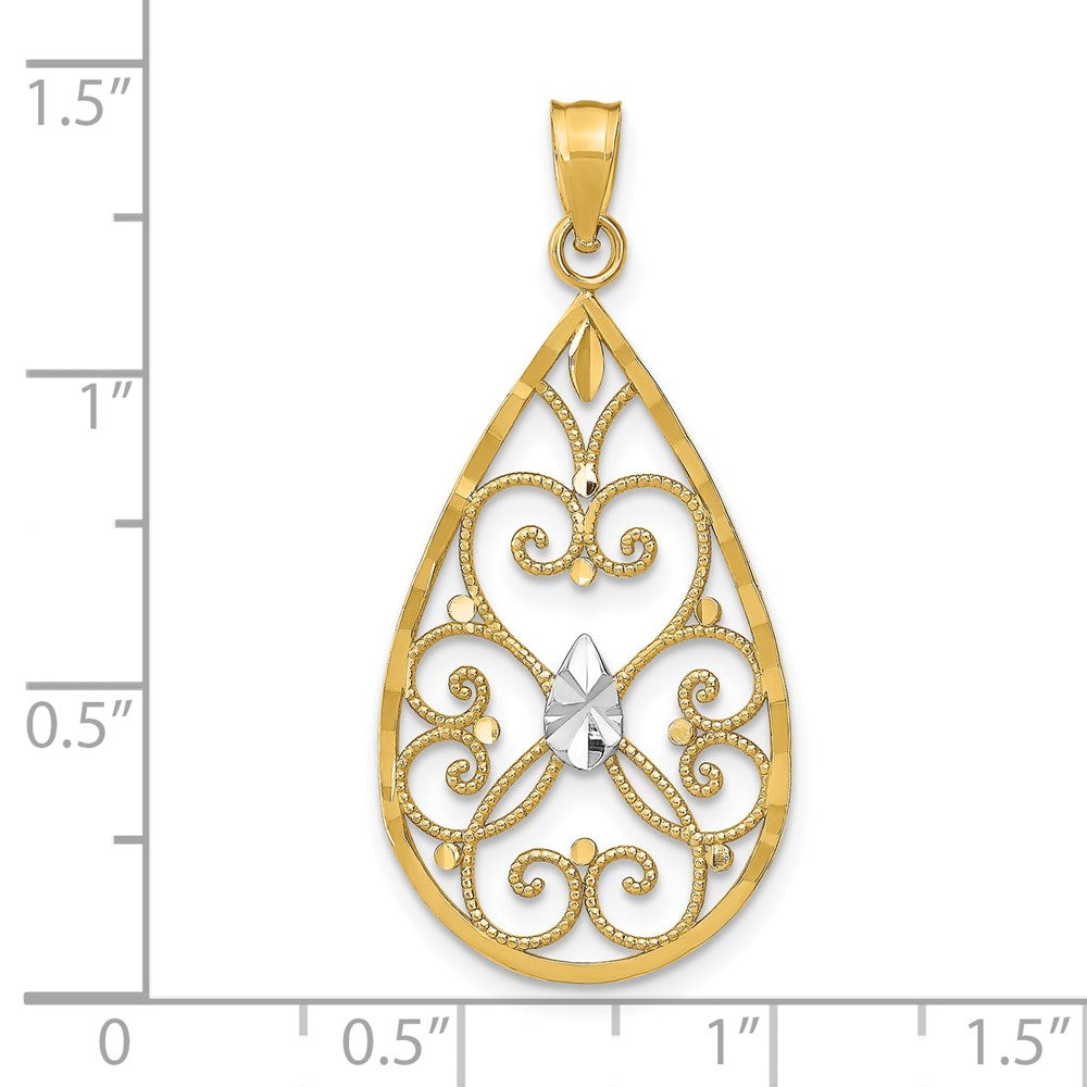 14k Yellow & Rhodium Gold w/Rhodium Heart Beaded Filigree D/C Teardrop Charm