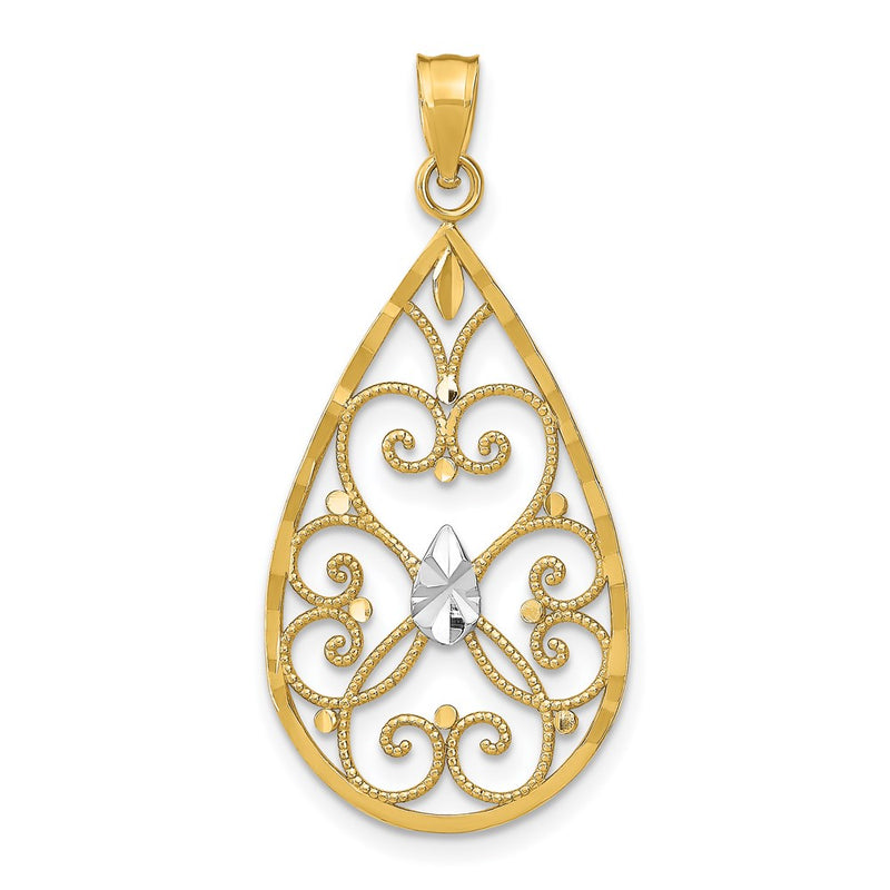 14k Yellow & Rhodium Gold w/Rhodium Heart Beaded Filigree D/C Teardrop Charm
