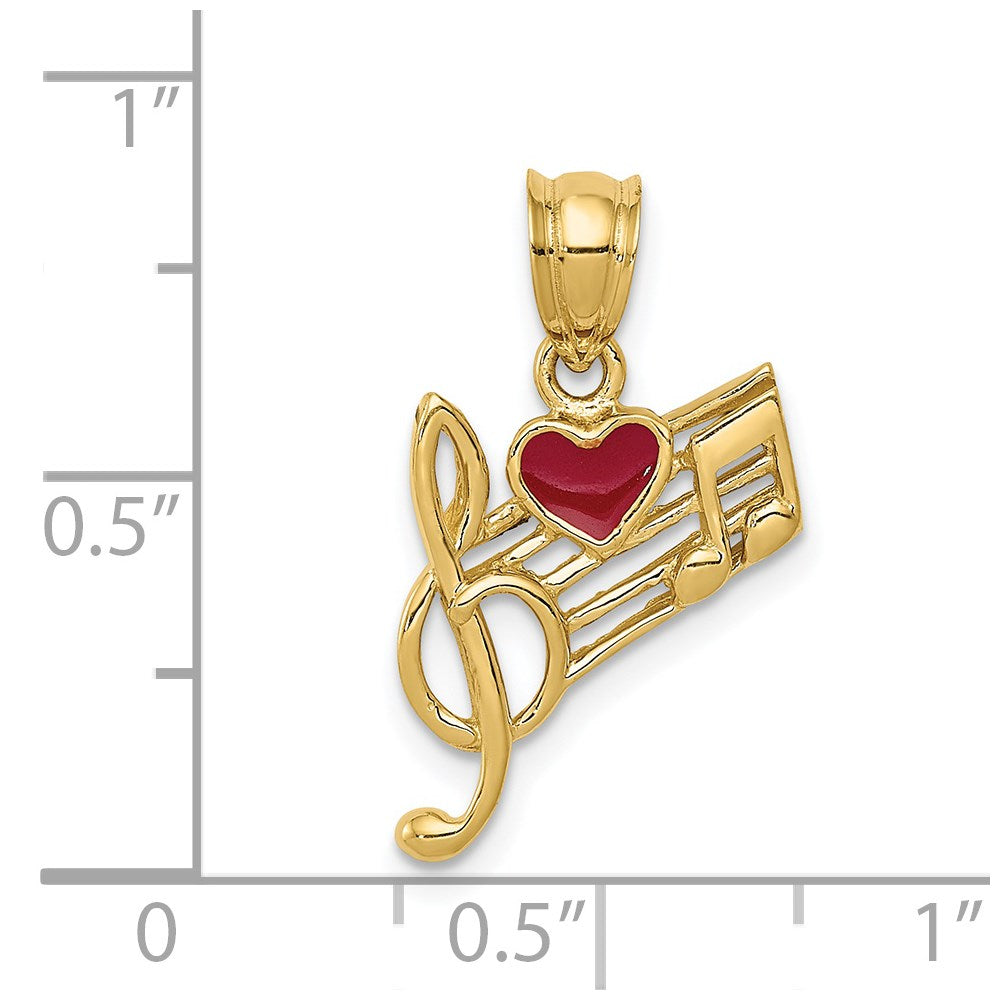 14k Yellow Gold Music Scale with Red Enameled Heart Pendant