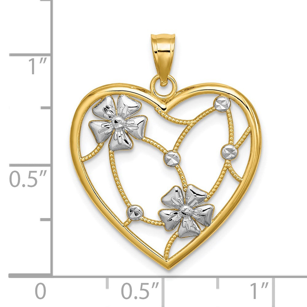 14k Yellow & Rhodium Gold w/ Rhodium Flowers In Heart Charm