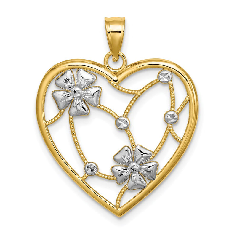 14k Yellow & Rhodium Gold w/ Rhodium Flowers In Heart Charm