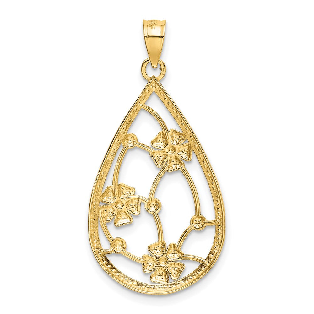 14k Yellow & Rhodium Gold w/ White Rhodium Flowers In Teardrop Frame Charm