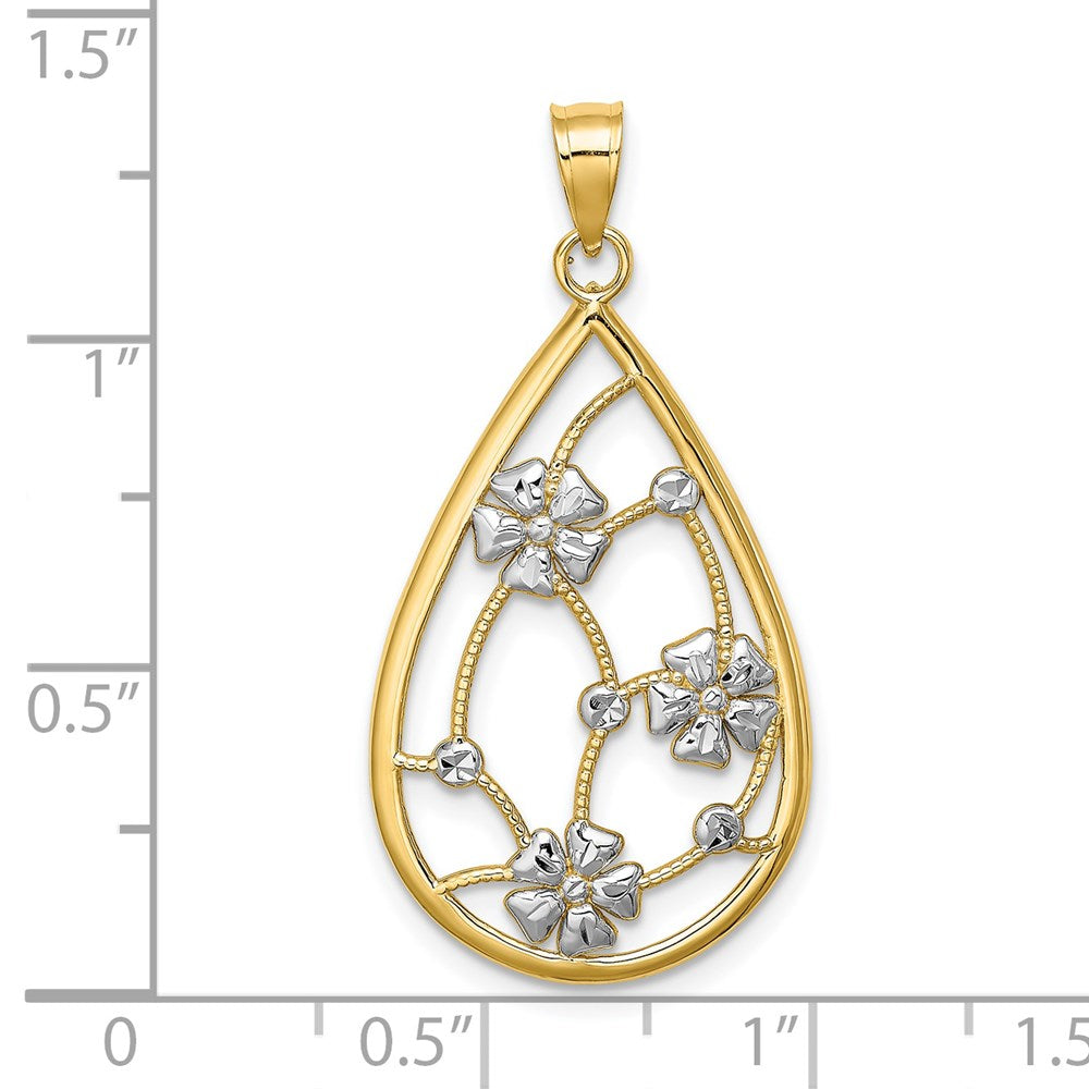 14k Yellow & Rhodium Gold w/ White Rhodium Flowers In Teardrop Frame Charm