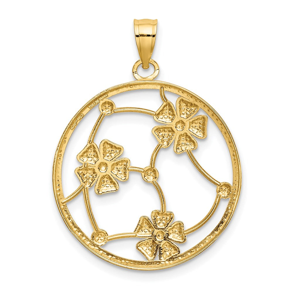 14k Yellow & Rhodium Gold w/ White Rhodium Flowers In Beaded Round Frame Charm