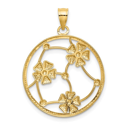 14k Yellow & Rhodium Gold w/ White Rhodium Flowers In Beaded Round Frame Charm