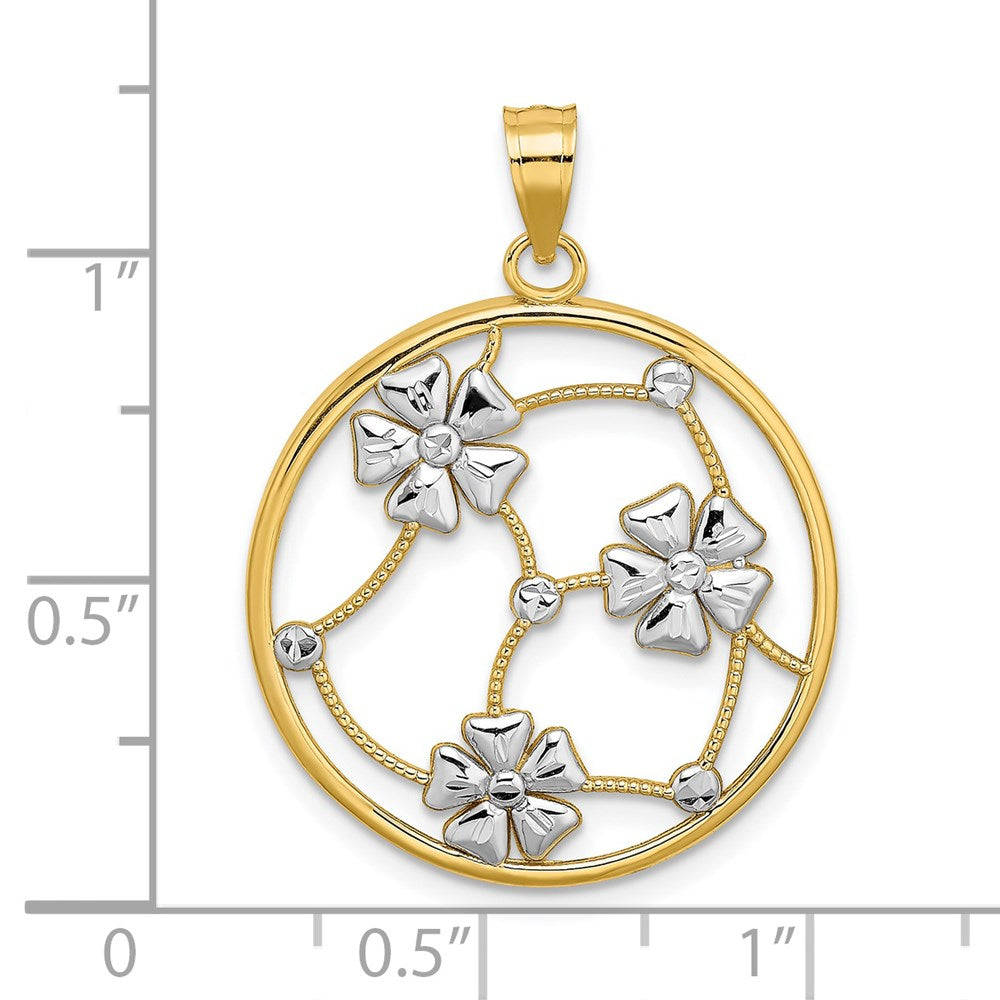14k Yellow & Rhodium Gold w/ White Rhodium Flowers In Beaded Round Frame Charm