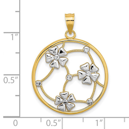 14k Yellow & Rhodium Gold w/ White Rhodium Flowers In Beaded Round Frame Charm