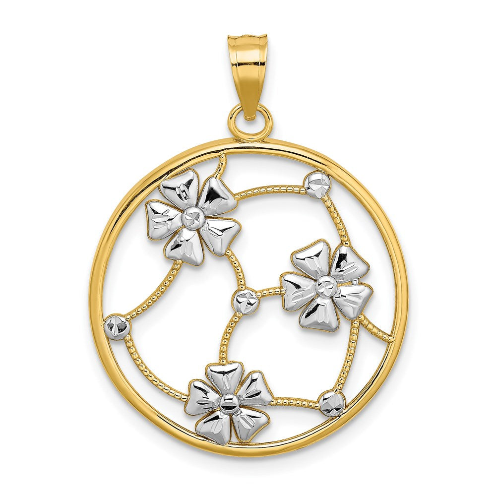 14k Yellow & Rhodium Gold w/ White Rhodium Flowers In Beaded Round Frame Charm