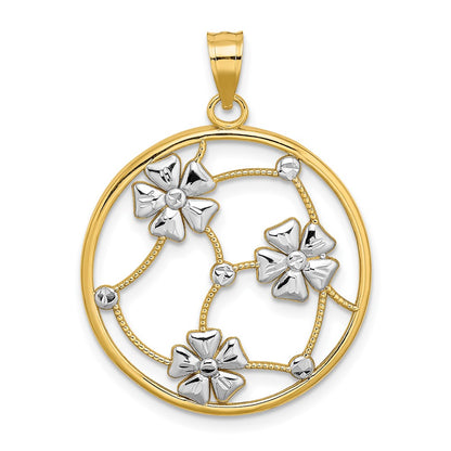 14k Yellow & Rhodium Gold w/ White Rhodium Flowers In Beaded Round Frame Charm