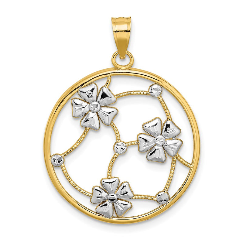 14k Yellow & Rhodium Gold w/ White Rhodium Flowers In Beaded Round Frame Charm