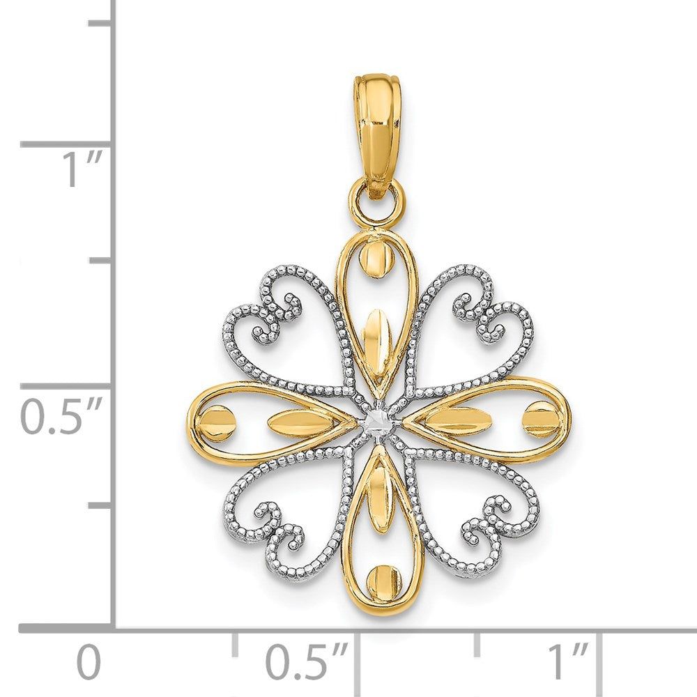 14k Yellow & Rhodium Gold w/Rhodium Beaded Heart Petals Flower Charm