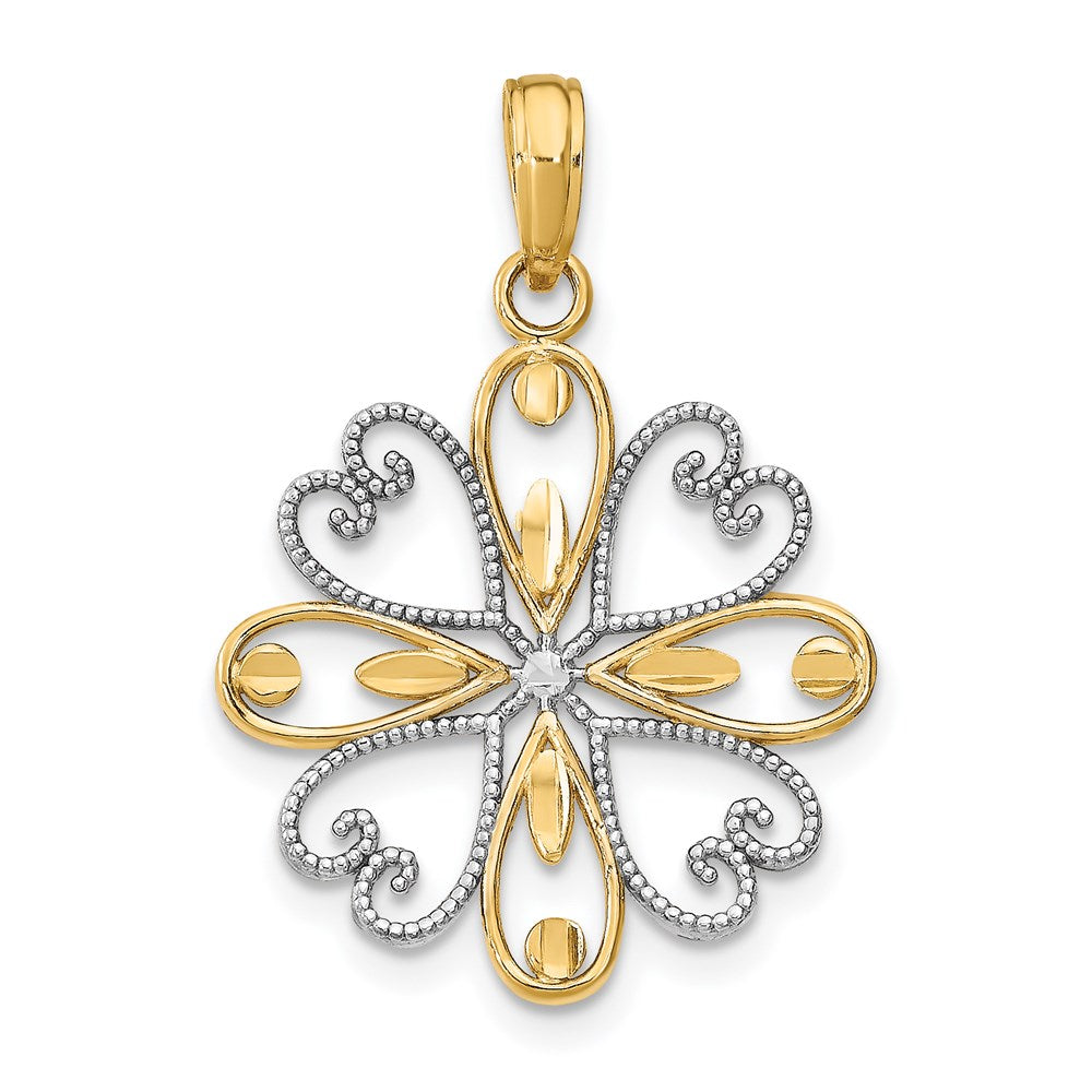 14k Yellow & Rhodium Gold w/Rhodium Beaded Heart Petals Flower Charm