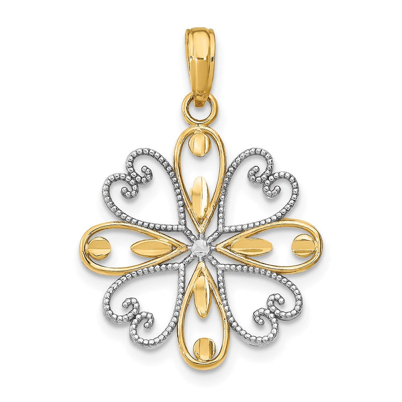 14k Yellow & Rhodium Gold w/Rhodium Beaded Heart Petals Flower Charm