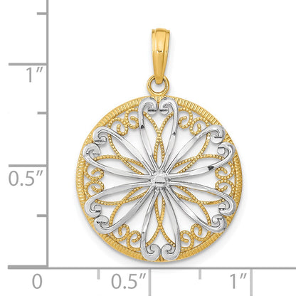 14k Yellow & Rhodium Gold w/Rhodium Filigree Center Round Charm