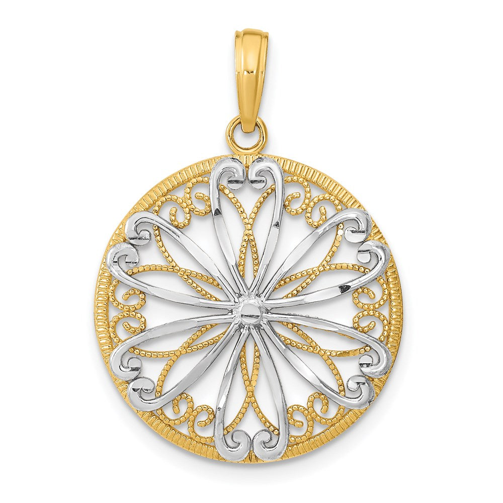 14k Yellow & Rhodium Gold w/Rhodium Filigree Center Round Charm
