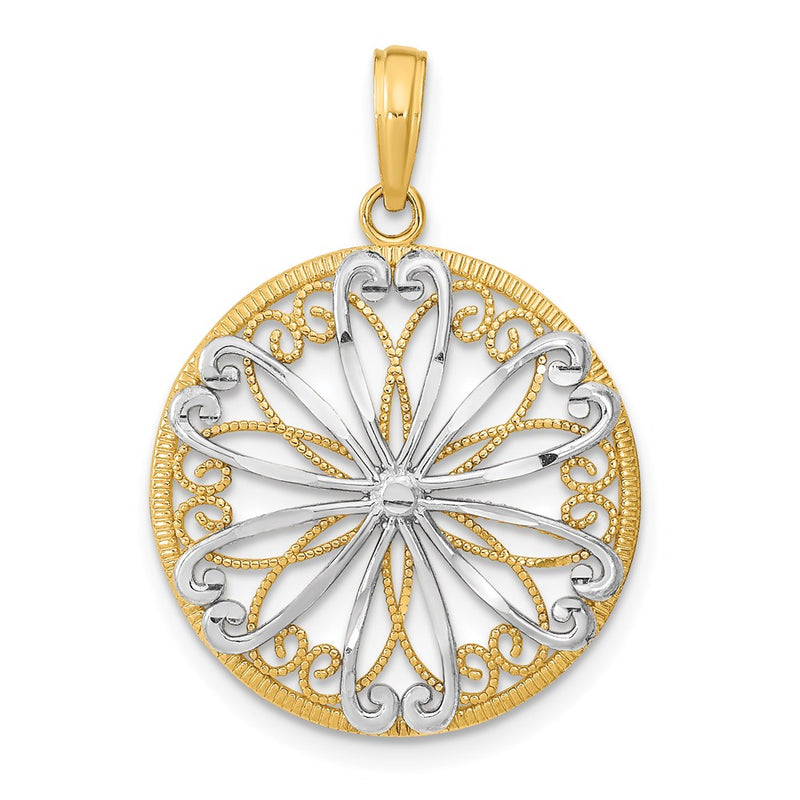 14k Yellow & Rhodium Gold w/Rhodium Filigree Center Round Charm