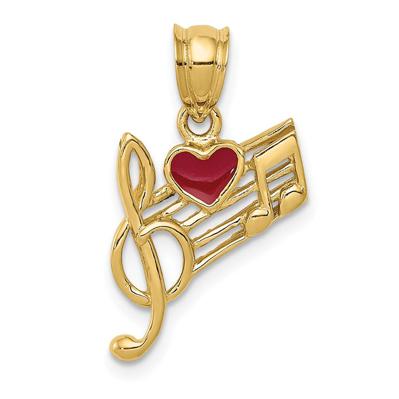 14k Yellow Gold Music Scale with Red Enameled Heart Pendant