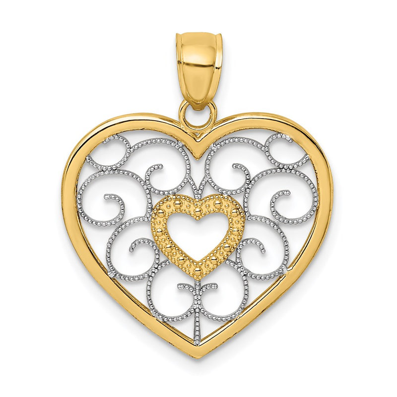 14k Yellow & Rhodium Gold w/ Rhodium Filigree Heart Charm