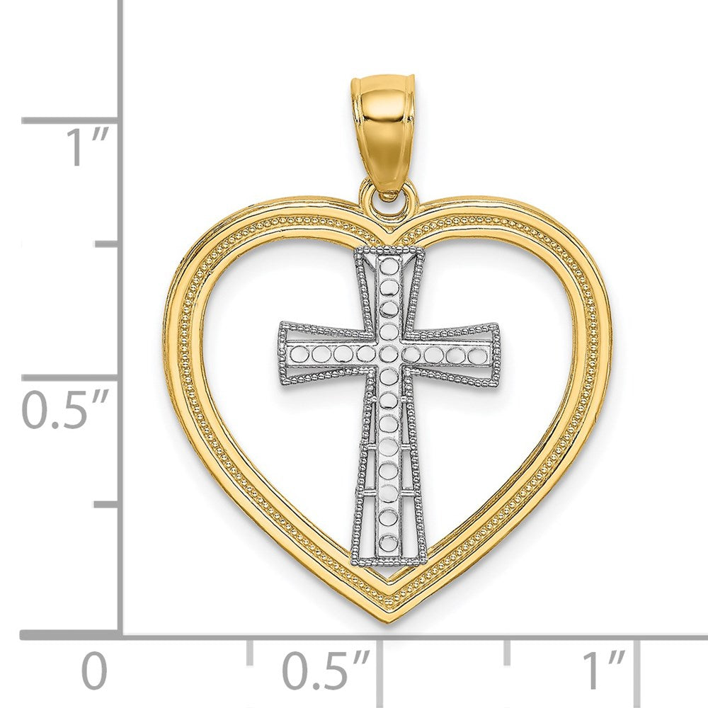 14k Yellow & Rhodium Gold & White Rhodium Heart W/White Cross In Center Charm