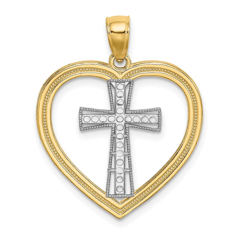 14k Yellow & Rhodium Gold & White Rhodium Heart W/White Cross In Center Charm