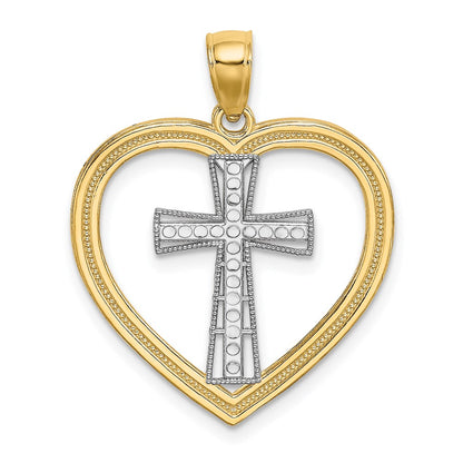 14k Yellow & Rhodium Gold & White Rhodium Heart W/White Cross In Center Charm