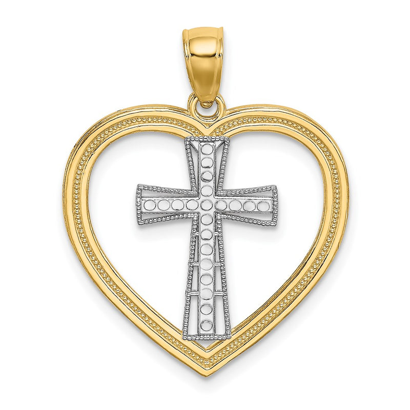 14k Yellow & Rhodium Gold & White Rhodium Heart W/White Cross In Center Charm