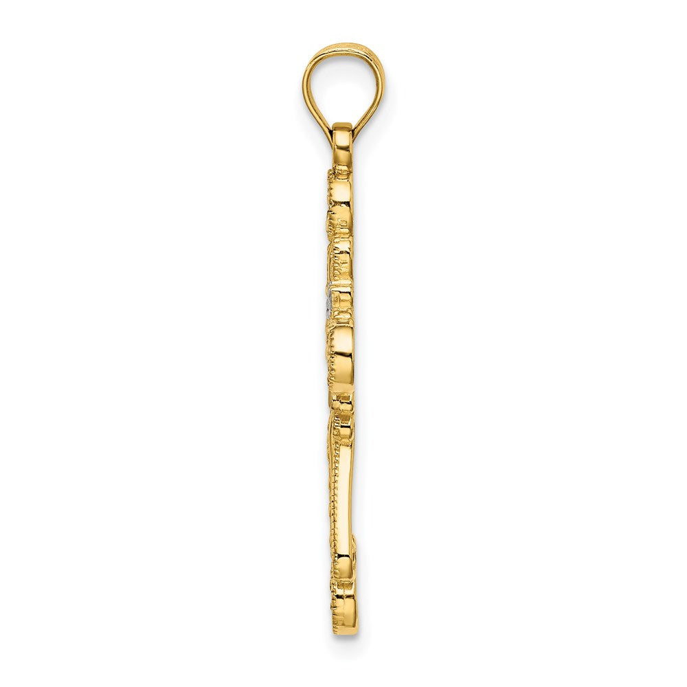 14k Yellow & Rhodium Gold W/ Rhodium D/C Flower Design Cross Charm