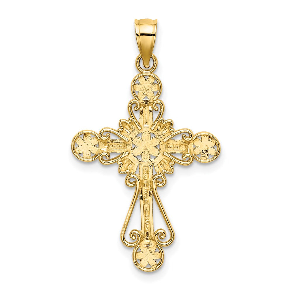 14k Yellow & Rhodium Gold W/ Rhodium D/C Flower Design Cross Charm