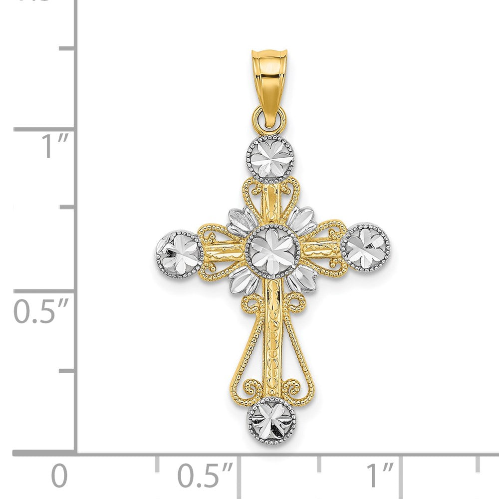 14k Yellow & Rhodium Gold W/ Rhodium D/C Flower Design Cross Charm