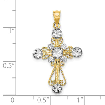 14k Yellow & Rhodium Gold W/ Rhodium D/C Flower Design Cross Charm