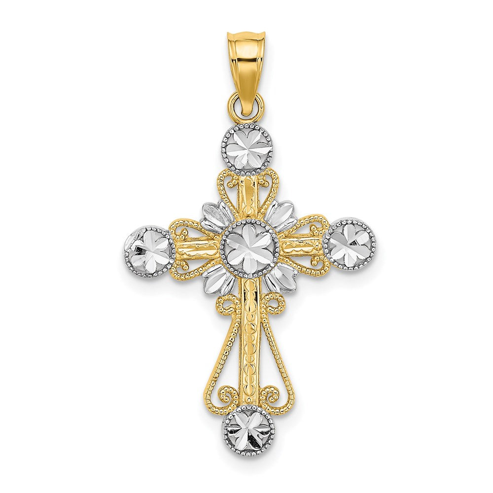 14k Yellow & Rhodium Gold W/ Rhodium D/C Flower Design Cross Charm