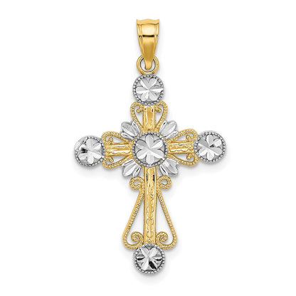14k Yellow & Rhodium Gold W/ Rhodium D/C Flower Design Cross Charm
