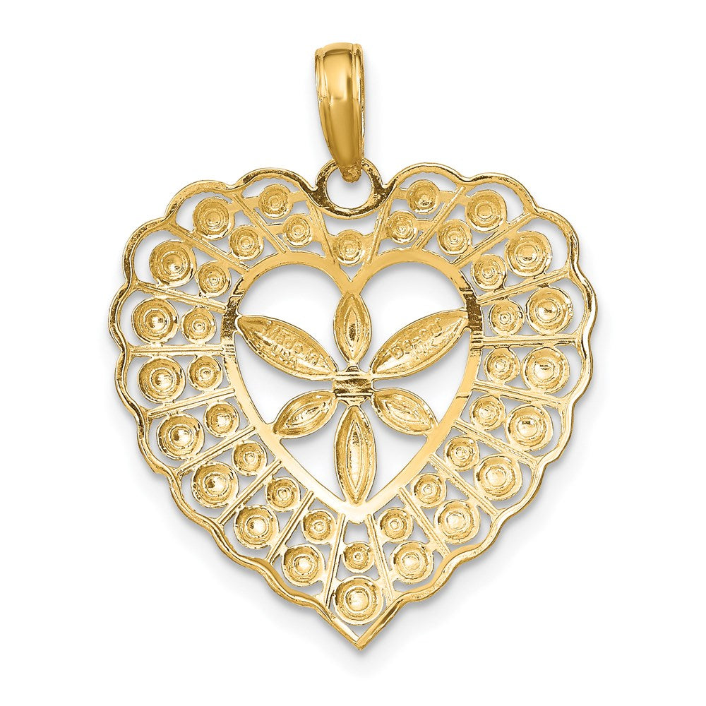 14k Yellow & Rhodium Gold w/Rhodium Flower and Beaded Heart Charm