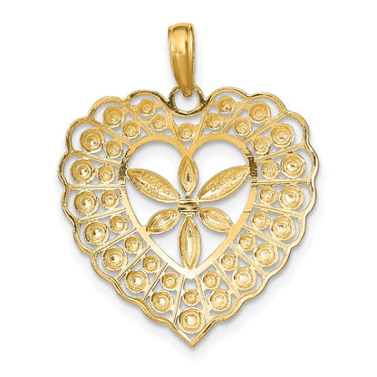 14k Yellow & Rhodium Gold w/Rhodium Flower and Beaded Heart Charm