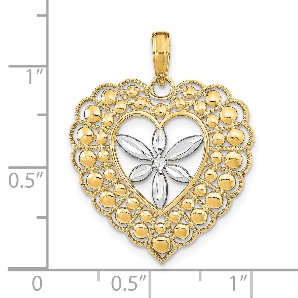 14k Yellow & Rhodium Gold w/Rhodium Flower and Beaded Heart Charm