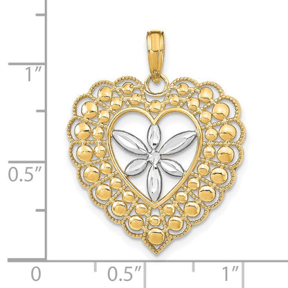 14k Yellow & Rhodium Gold w/Rhodium Flower and Beaded Heart Charm