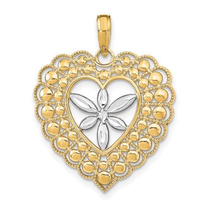 14k Yellow & Rhodium Gold w/Rhodium Flower and Beaded Heart Charm