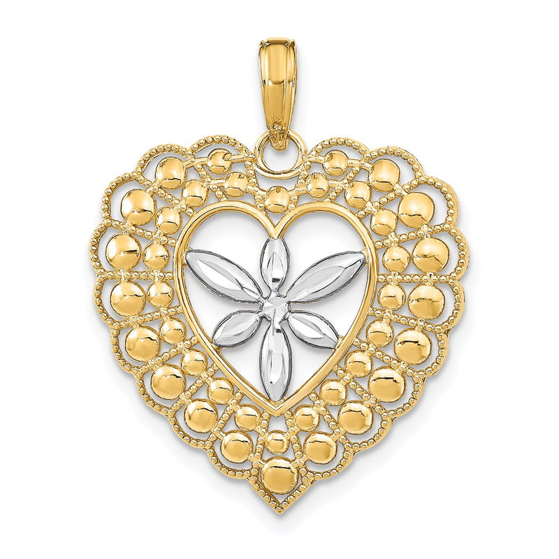 14k Yellow & Rhodium Gold w/Rhodium Flower and Beaded Heart Charm