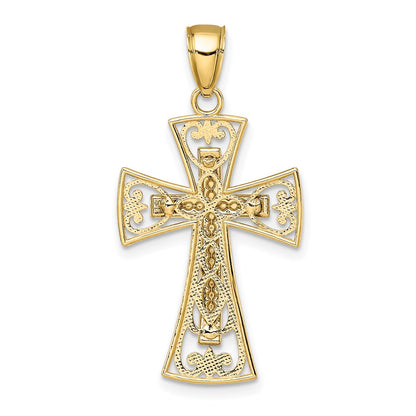 14k Two-tone Gold 2-D and D/C Beaded Filigree Cross Charm