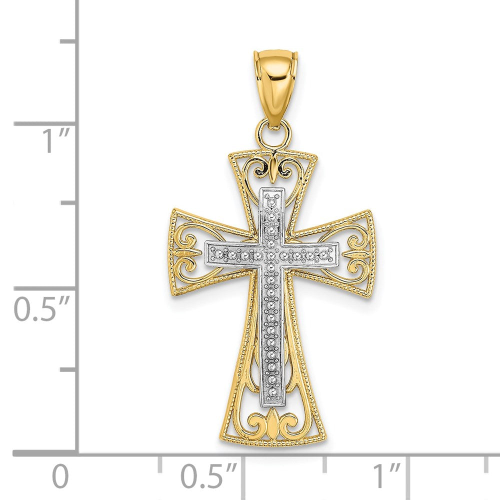 14k Two-tone Gold 2-D and D/C Beaded Filigree Cross Charm