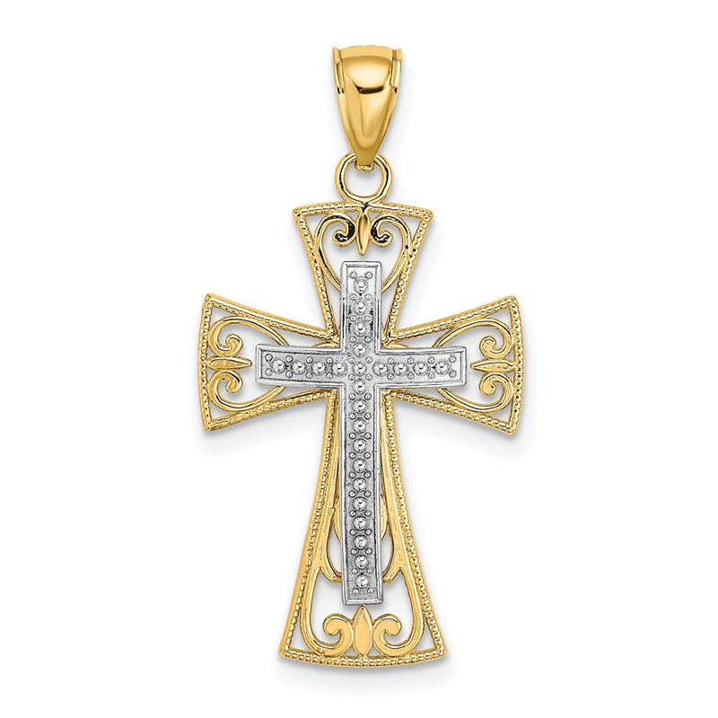 14k Two-tone Gold 2-D and D/C Beaded Filigree Cross Charm