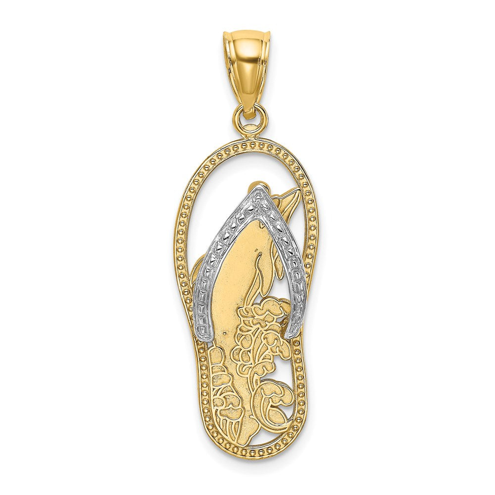 14k Yellow & Rhodium Gold W/ Rhodium Dolphin In Flip Flop Charm