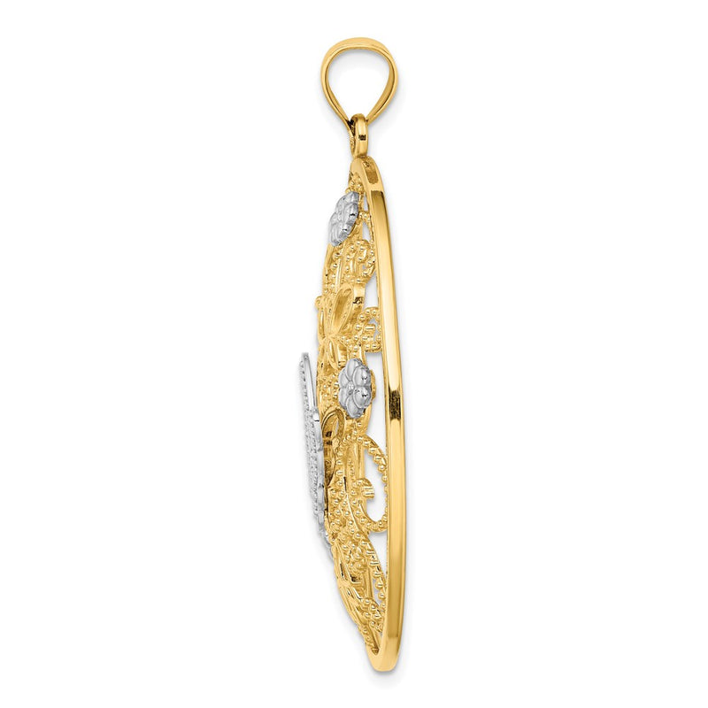 14k Two-tone Gold Two-tone Gold w/Rhodium Butterfly and Flowers in Oval Frame Charm