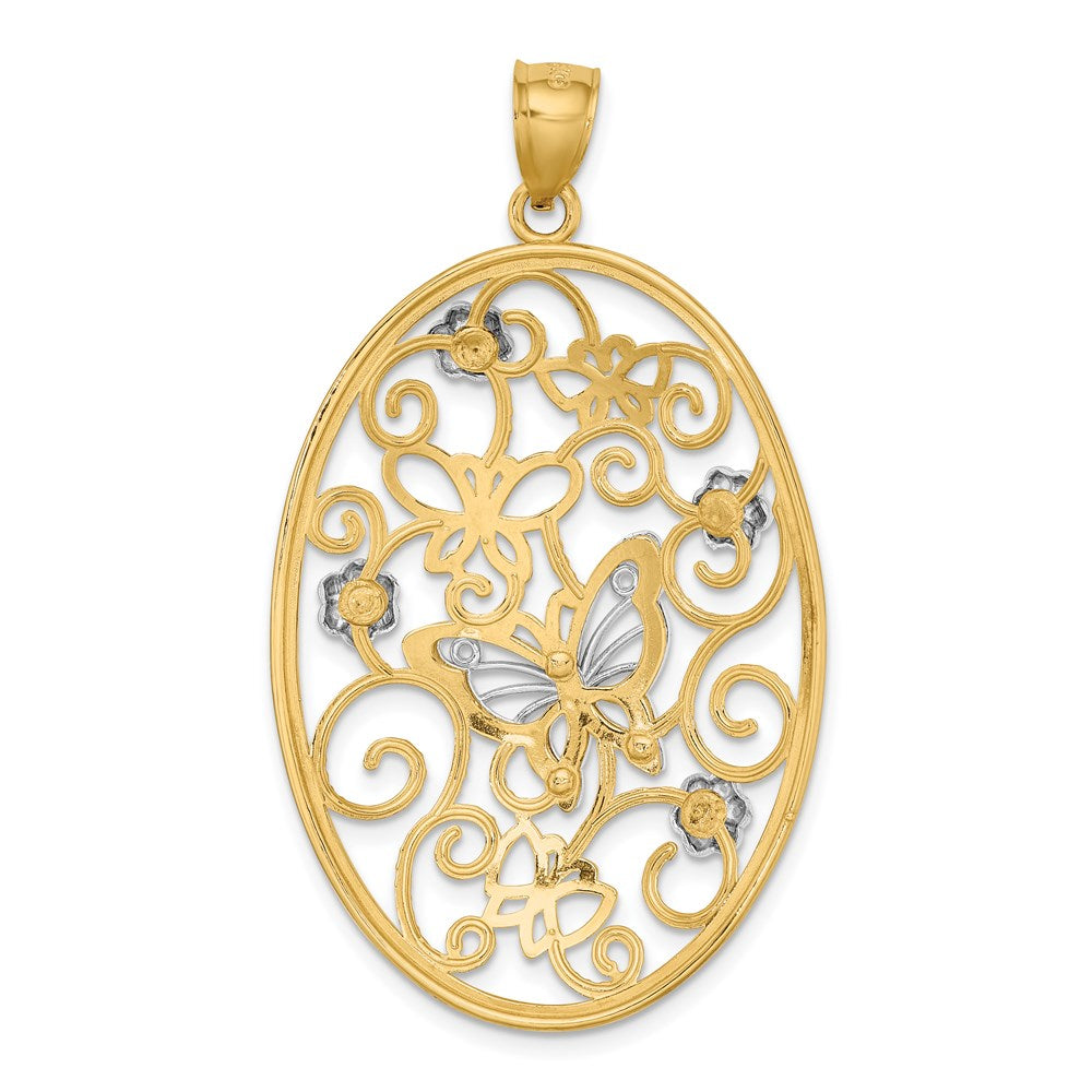14k Two-tone Gold Two-tone Gold w/Rhodium Butterfly and Flowers in Oval Frame Charm